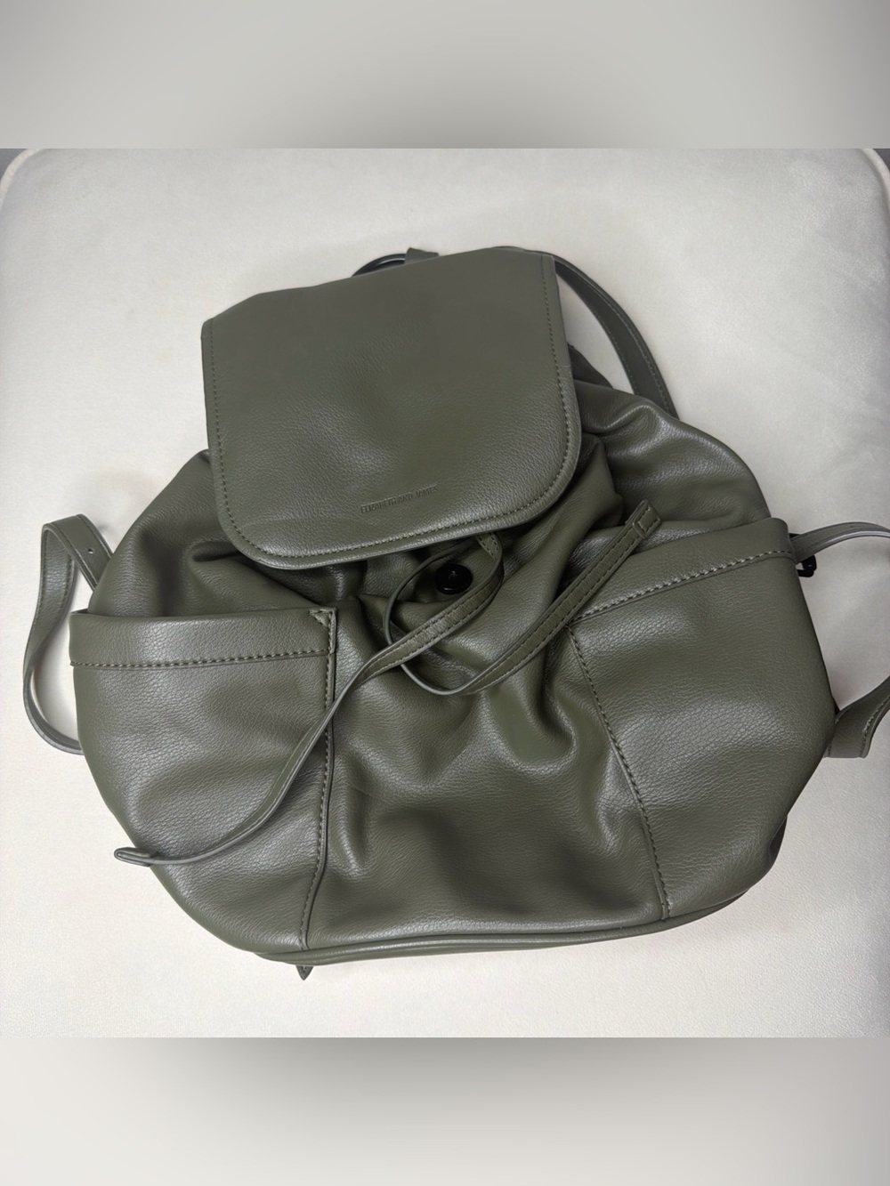 Elizabeth & James Olive Green Drawstring Backpack Vegan Leather Soft Utility